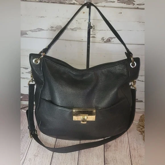 Michael Kors Bedford Large Black Pebbled Leather Shoulder Bag Gold Chain Hobo - Picture 1 of 13